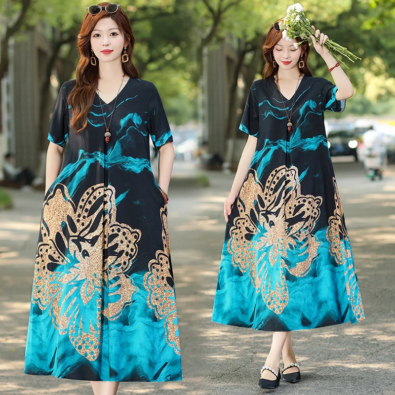 中长款印花连衣裙中长裙过膝短袖夏季长裙大码复古民族风显瘦裙子