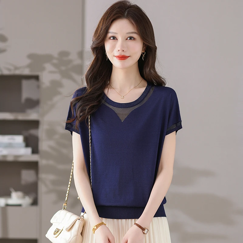 清凉夏季新款女士圆领撞色百搭洋气薄款半袖拼色休闲显瘦气质上衣