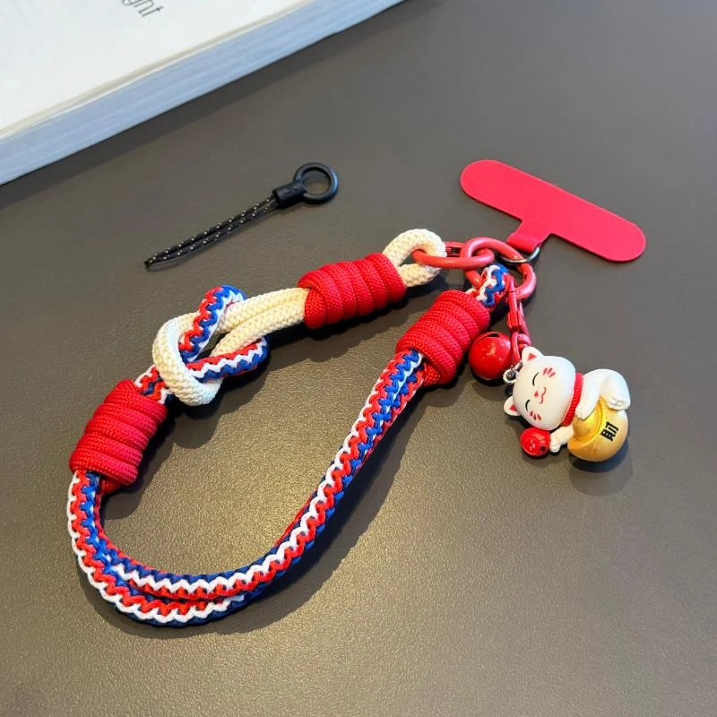 可爱招财猫双环扣手机挂绳编织手绳钥匙扣吊坠挂件结实防摔手机链