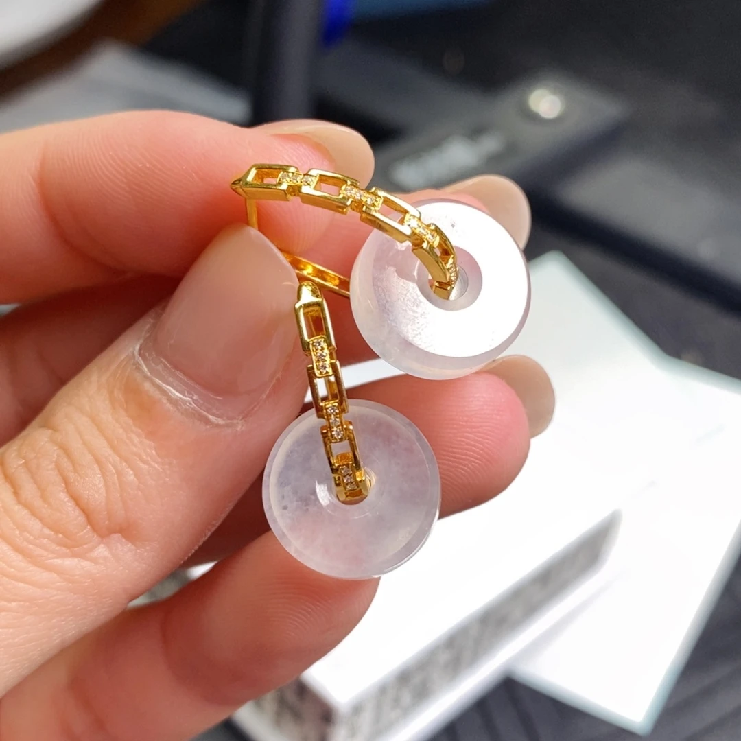 翡翠18K金镶嵌耳饰玻璃冰甜甜圈耳扣