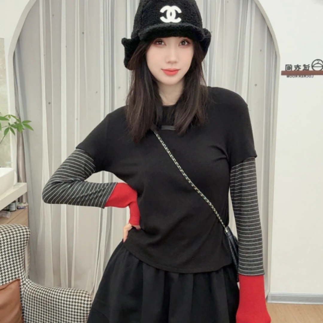 【木子家】拼接设计条纹假两件长袖宽松百搭女秋冬T恤打底衫圆领