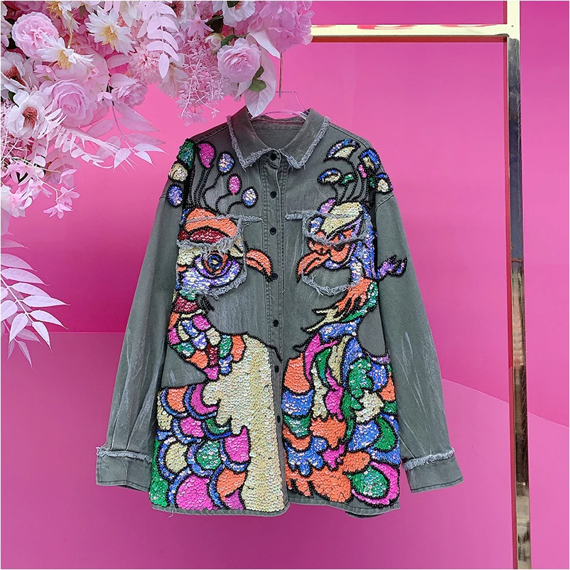 B673欧美设计师2025冬季新款重工彩色亮片刺绣卡通潮酷休闲衬衫女