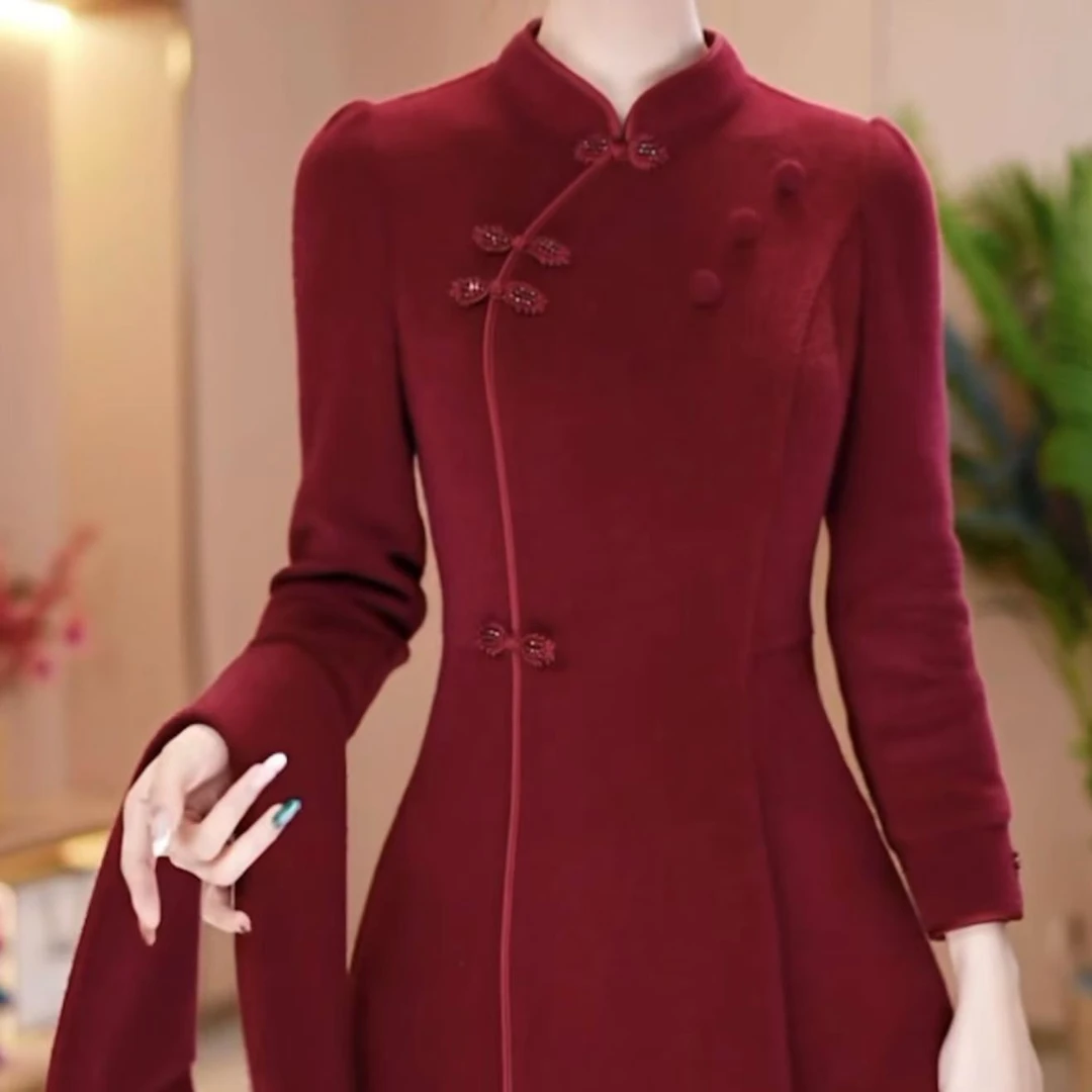 加绒冬季加绒改良版旗袍连衣裙改良2025秋冬新款婚宴礼服裙子
