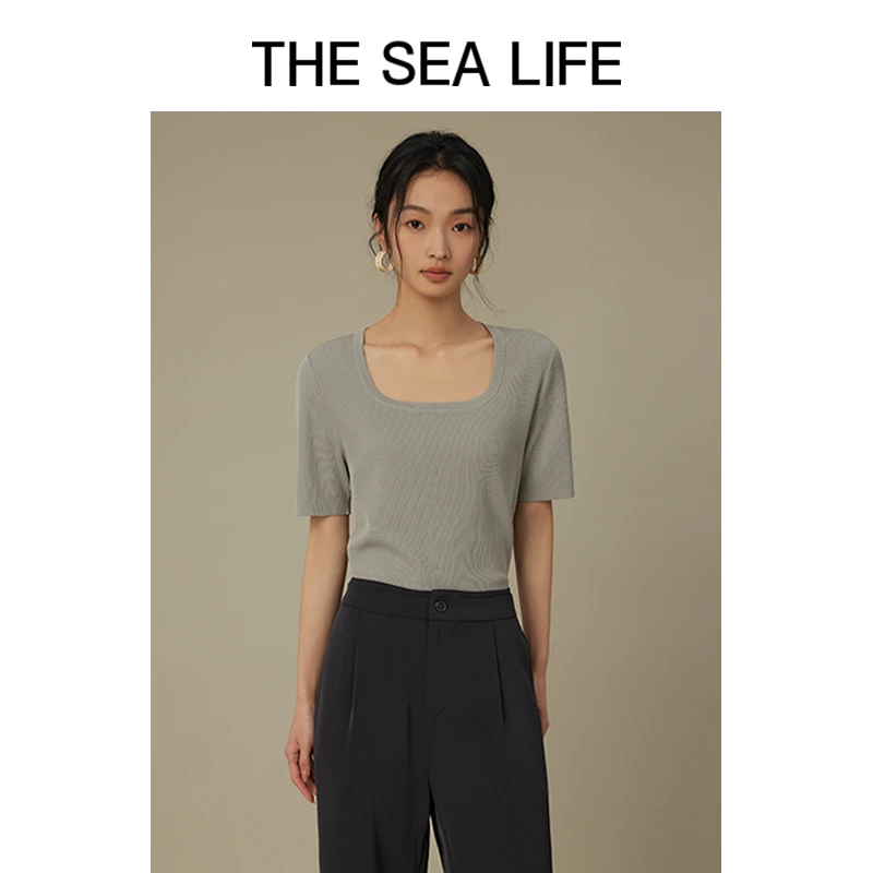 THESEALIFE欧海一生 方领针织t恤夏秋短袖女短款上衣A12028