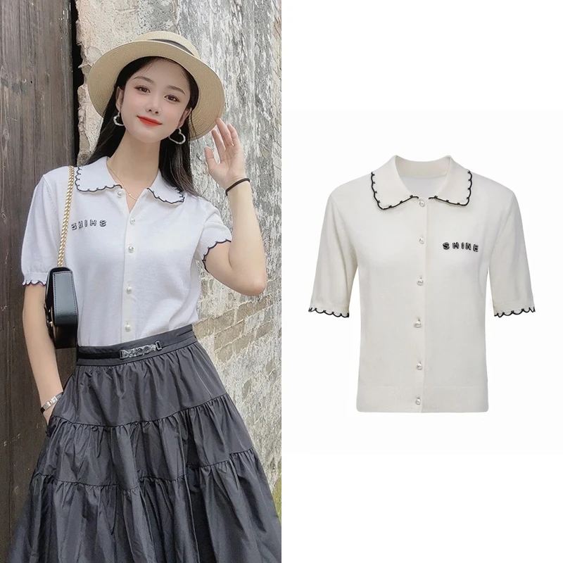 8804【欧】baby同款小香风短袖女2025春新款娃娃领针织外套显瘦