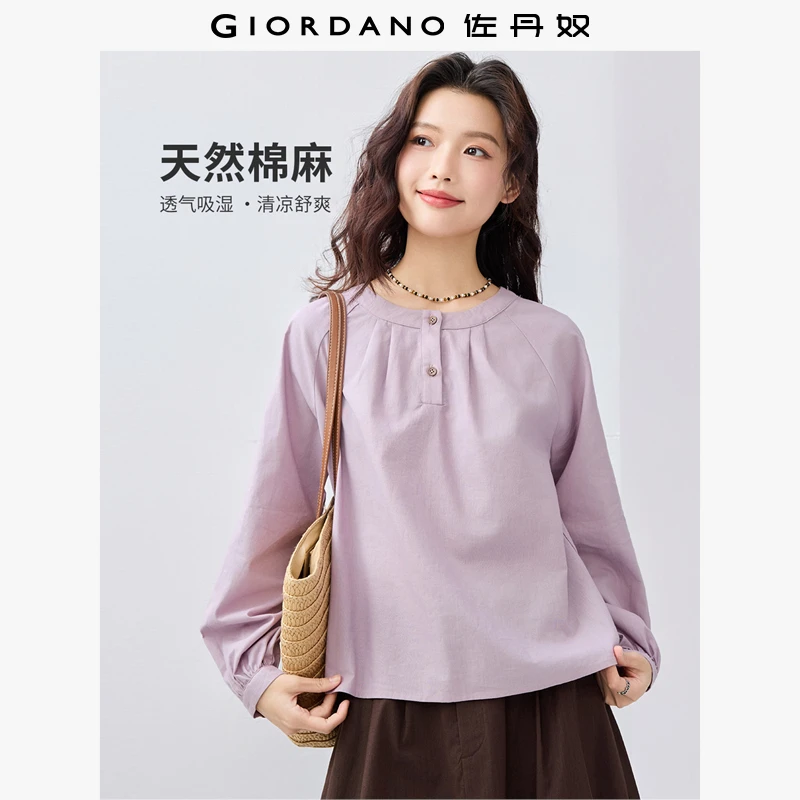 佐丹奴衬衫女装天然棉麻压褶圆领插肩梭织长袖衬衫 05345479