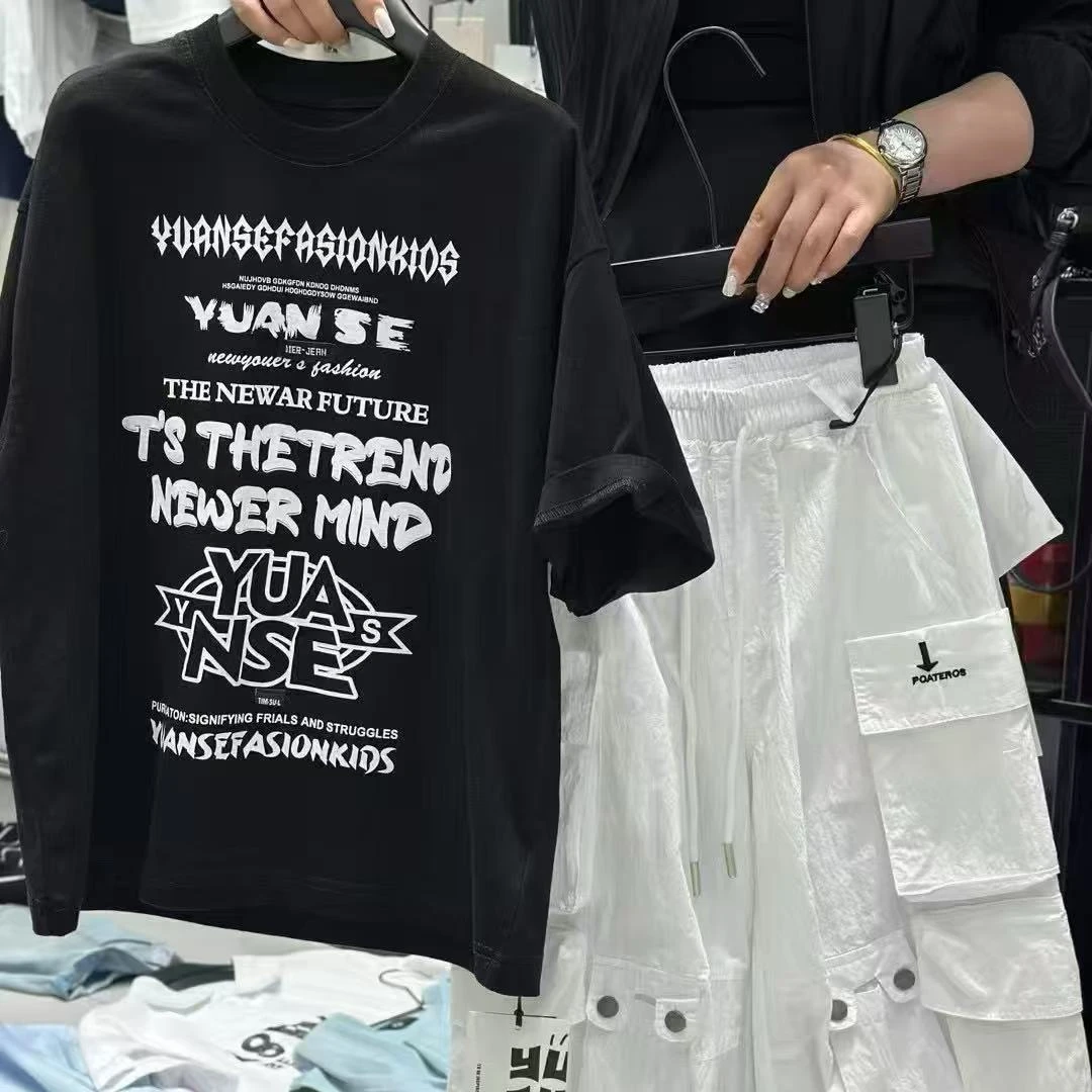 韩系童装2025 夏季新款中大童印花贴布短袖T恤男女童休闲百搭上衣