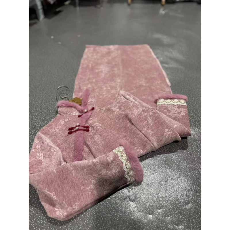 1546 粉色 梅花 袖口蕾丝加绒【粉梅】 旗袍