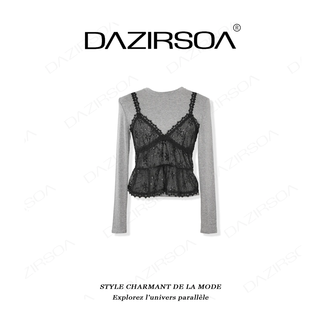 DAZIRSOA/达姿“蓝调时光”时尚百搭拼接蕾丝洋气假两件上衣 X690