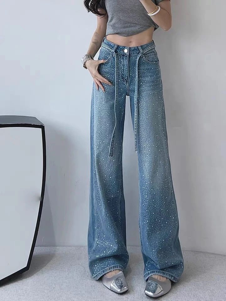 阔腿牛仔裤女潮2025年新款春秋高腰宽松显瘦欧洲站烫钻长裤