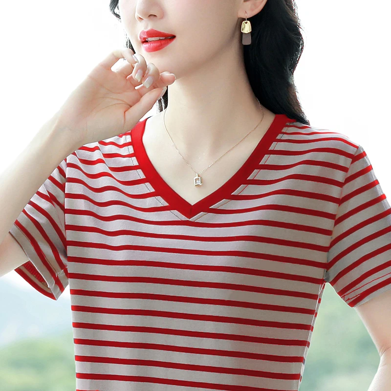 夏装新款棉质短袖T恤女宽松条纹中年妈妈上衣服体恤大码半袖显瘦