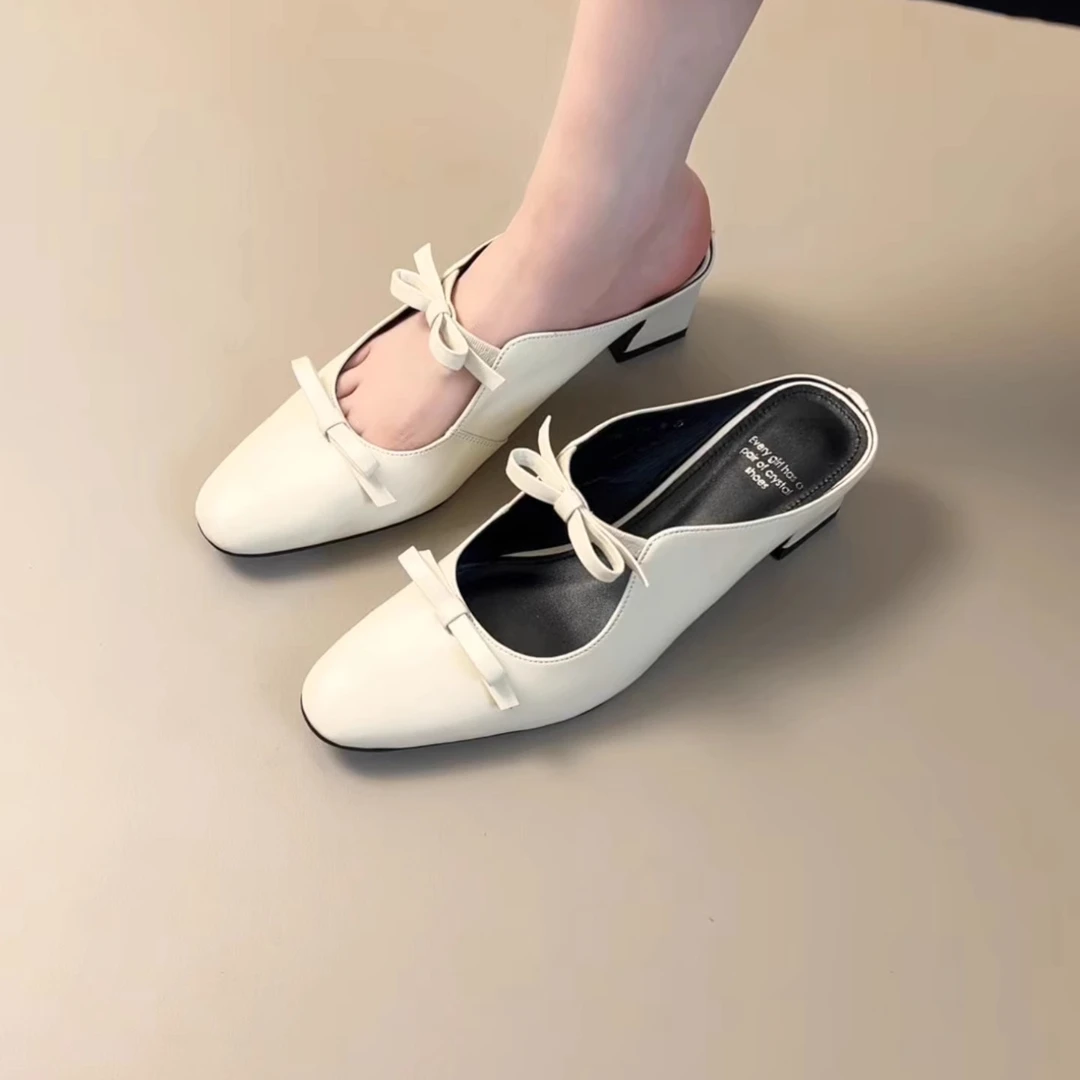 Pokoy-4.5cm法式复古蝴蝶结包头半拖鞋女外穿粗跟方头穆勒凉拖鞋