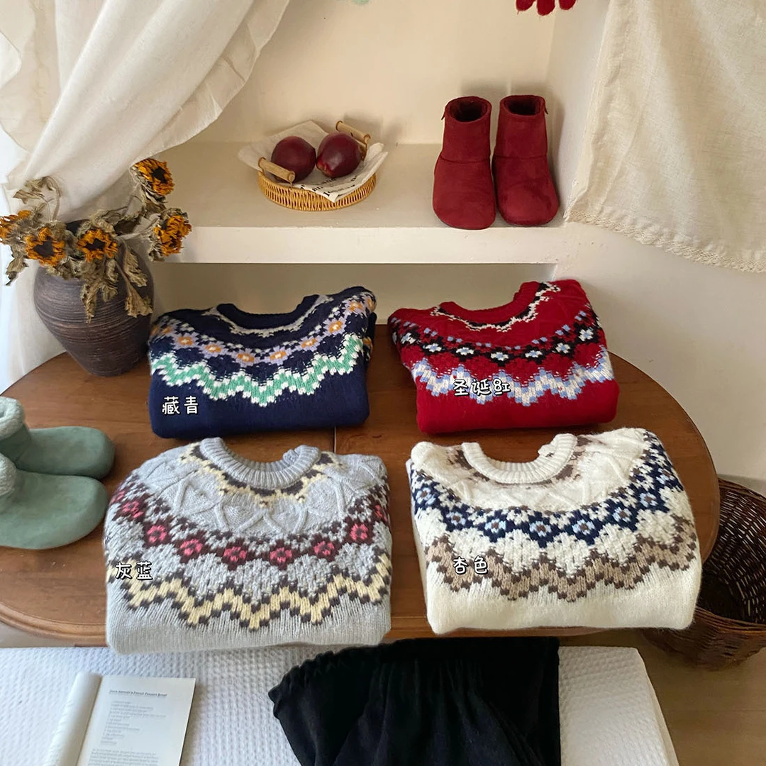 复古红费尔岛圣诞提花加厚针织毛衣女冬宽松软糯保暖外穿减龄上衣