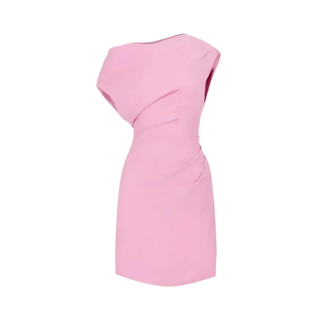 MULACKE穆兰赫 轻奢夏季斜肩减龄少女粉不规则褶皱连衣裙8095