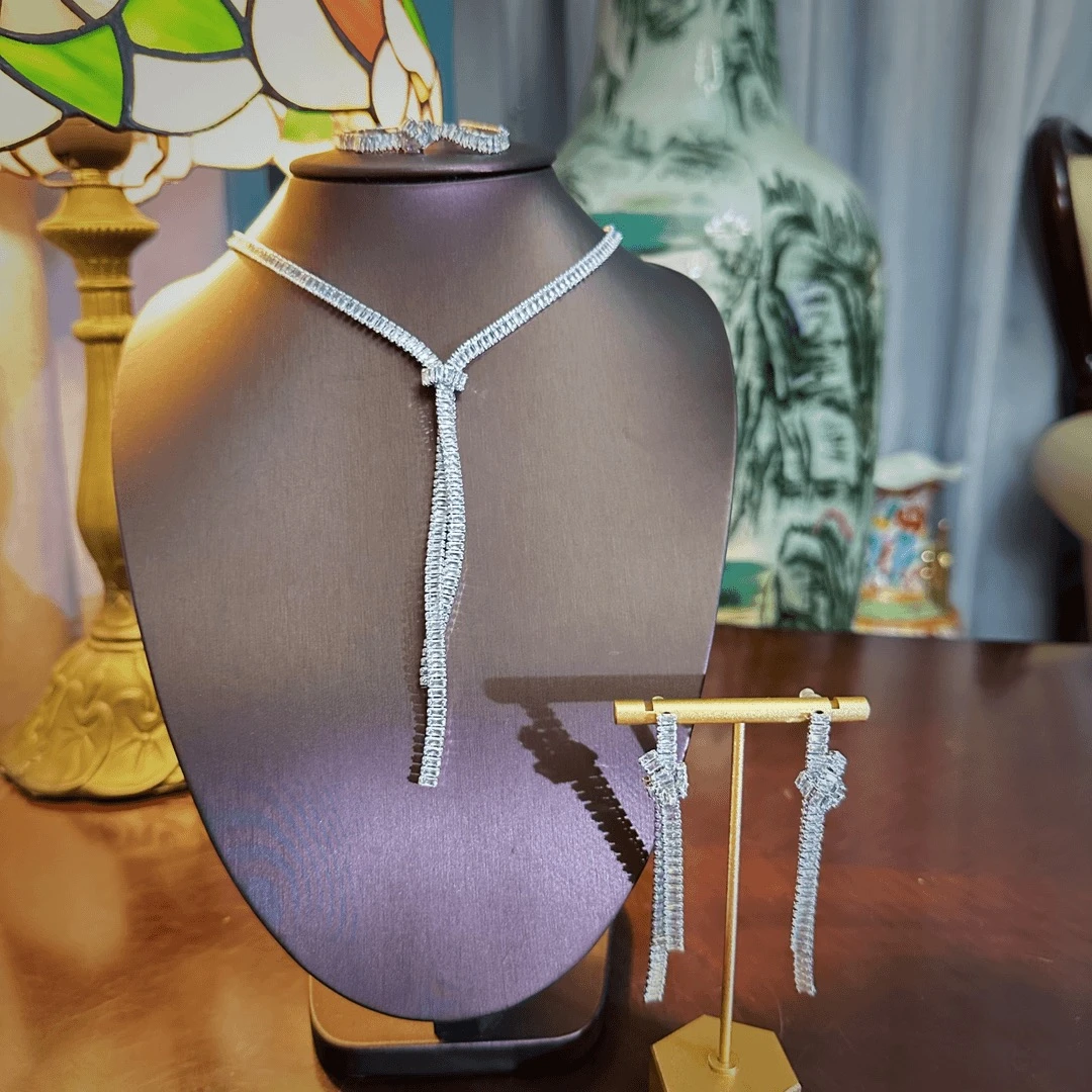 E8805银色缎带长流苏项链三件套