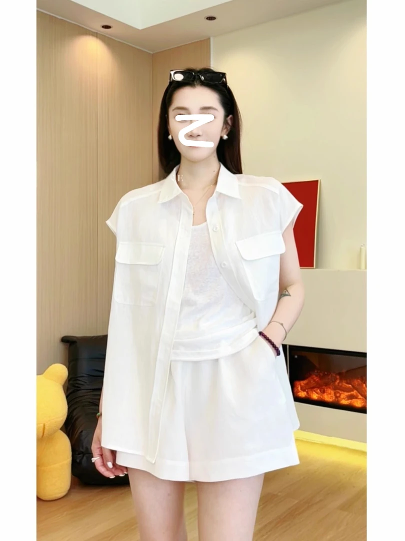 休闲风时尚套装女夏季无袖薄款防晒衬衫宽松直筒短裤减龄两件套女