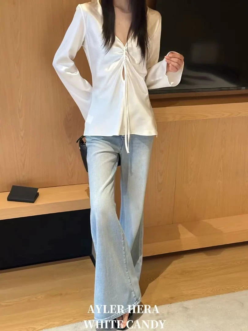 赫拉（6896#库）法式深V缎面慵懒休闲上衣（衣长60）