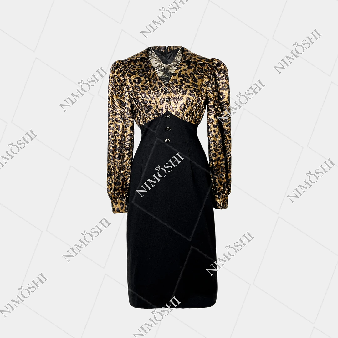 NIMðSHI【莎莎】欧式高级感豹纹款气质显瘦长裙小黑裙款号Q1077