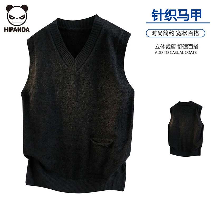 Hi Panda破洞无袖毛衣V领男秋季宽松慵懒风情侣针织衫口袋打底衫
