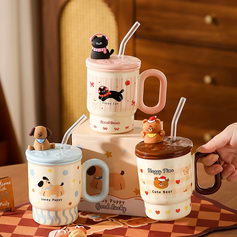 萌趣带盖陶瓷吸管杯马克杯高颜值家用办公室喝水咖啡杯女生日礼物