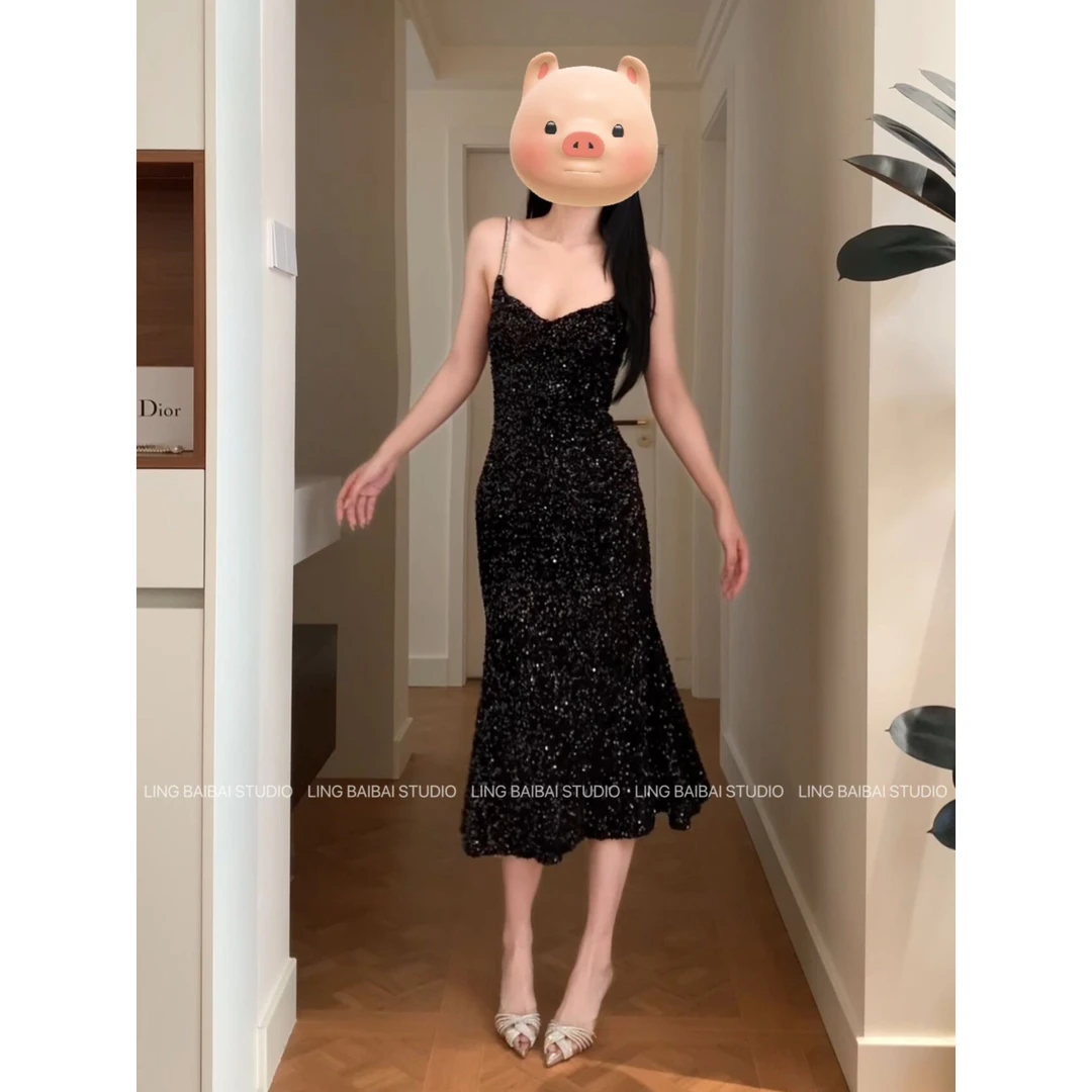 //璀璨星河//闪闪发光的礼裙!!丝绒亮片裙性感v领法式鱼尾生日裙