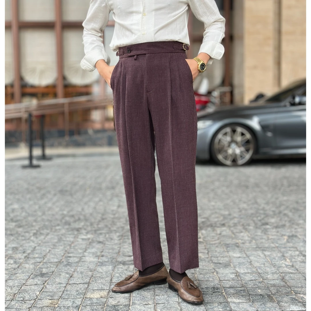 老钱风高腰休闲垂感西裤巴黎扣时尚简约休闲男士长裤