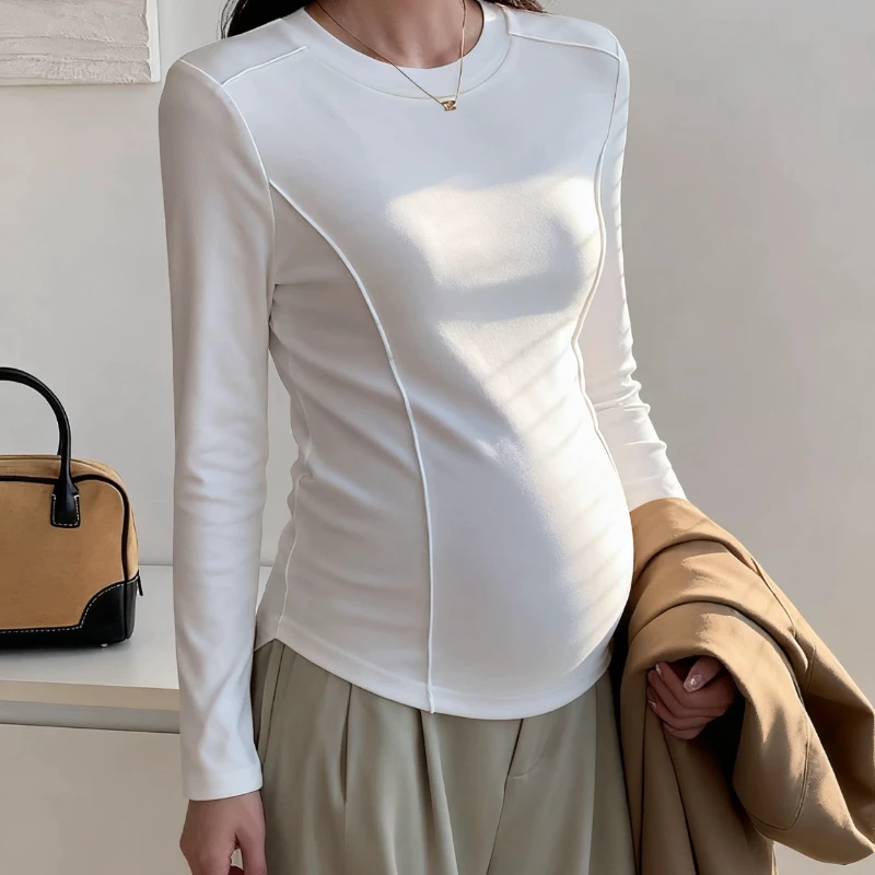 小个子孕妇白色不规则长袖T恤女2025秋冬新款修身内搭打底衫上衣