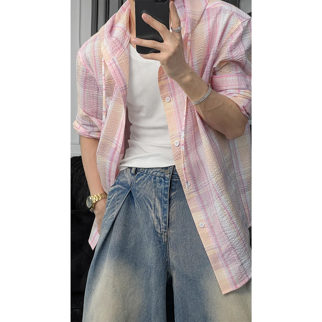 龙叨叨夏季新款潮流格子褶皱纹理感防晒宽松百搭连帽长袖衬衫