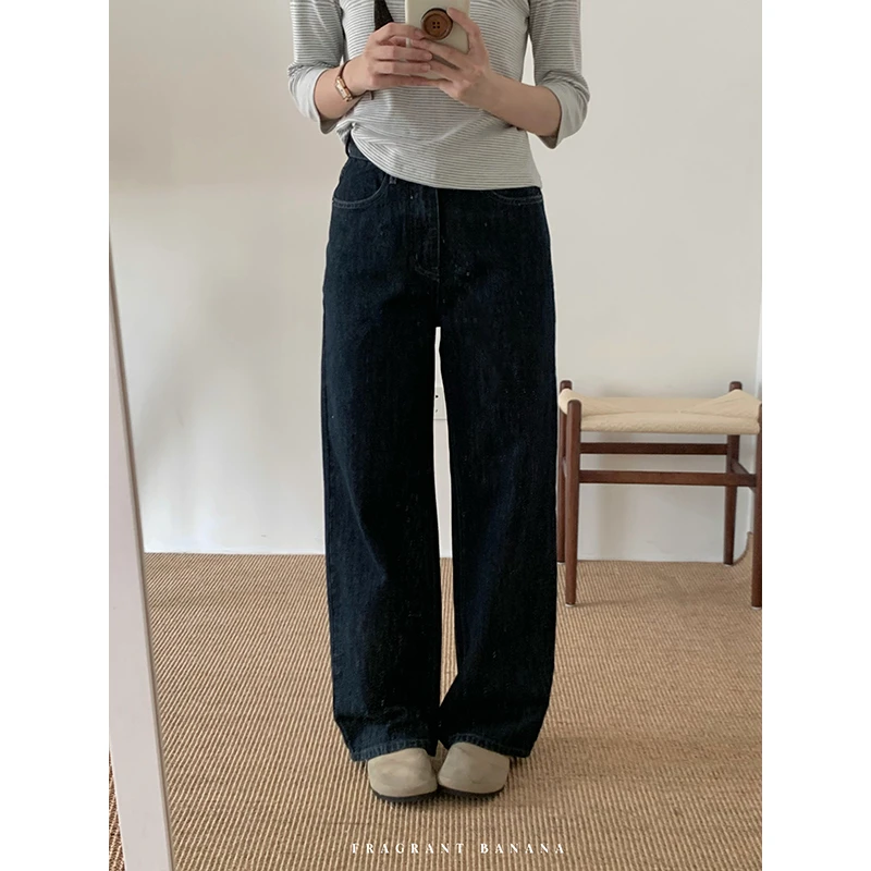香香的蕉 原色牛仔裤女复古藏青色宽松直筒裤子秋冬百搭