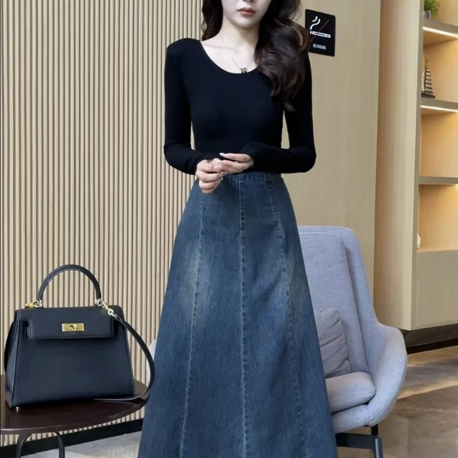 【梦婷家】2025年复古显瘦高腰A字半身裙女春季设计感拼接牛仔裙