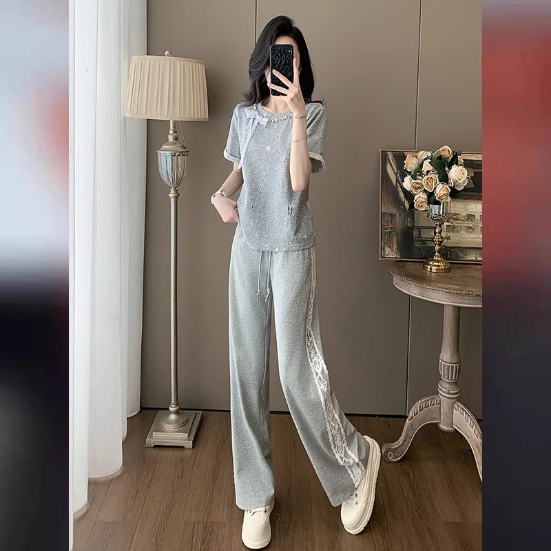 2025新款夏季穿搭一整套蕾丝蝴蝶结短袖阔腿裤休闲运动显瘦套装女