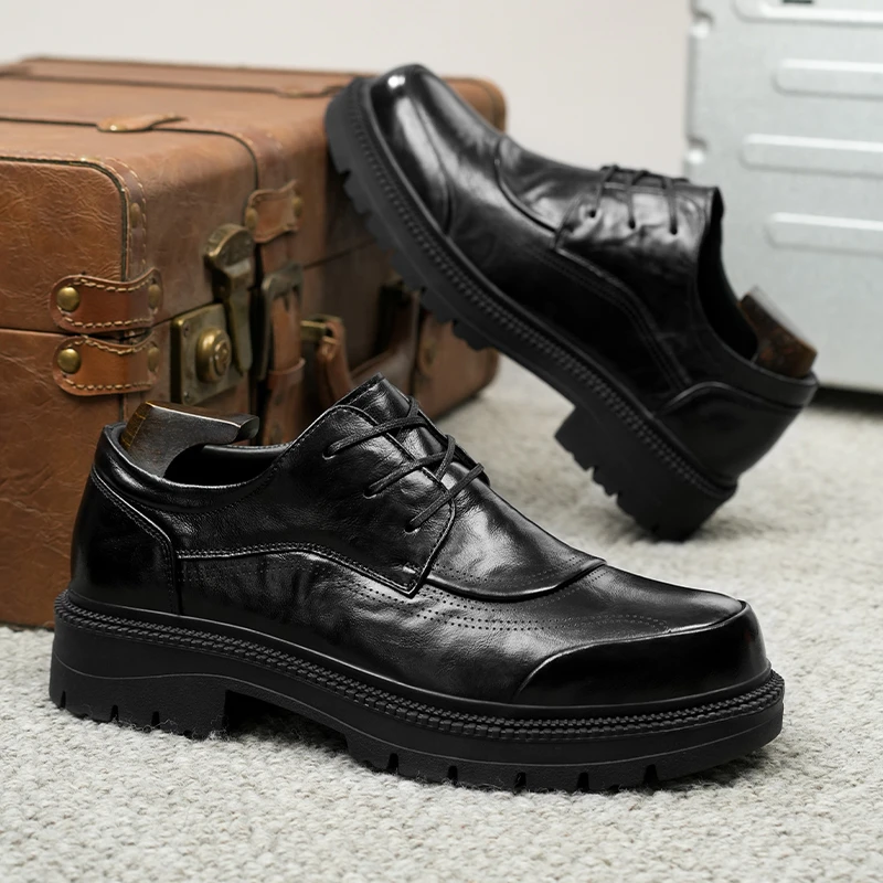皮鞋男秋季新款百搭厚底增高潮流时尚透气英伦真皮休闲男鞋59761