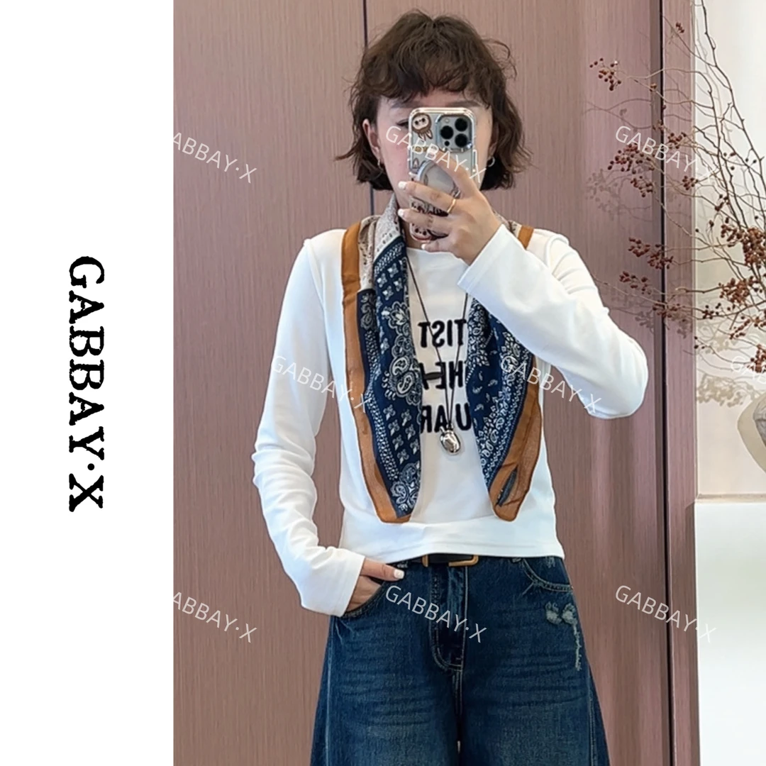 韩系2025秋季新款圆领修身植绒字母长袖T恤衫女简约百搭显瘦ins潮