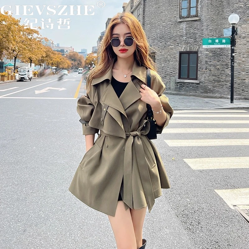 纪诗哲女装短款百搭修身显瘦风衣女款时尚高级西装领系带秋装外套