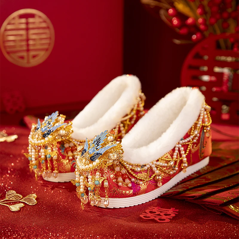 舞绣缘原创红色中式婚鞋冬季内增高加绒汉服婚鞋新娘秀禾婚鞋冬款