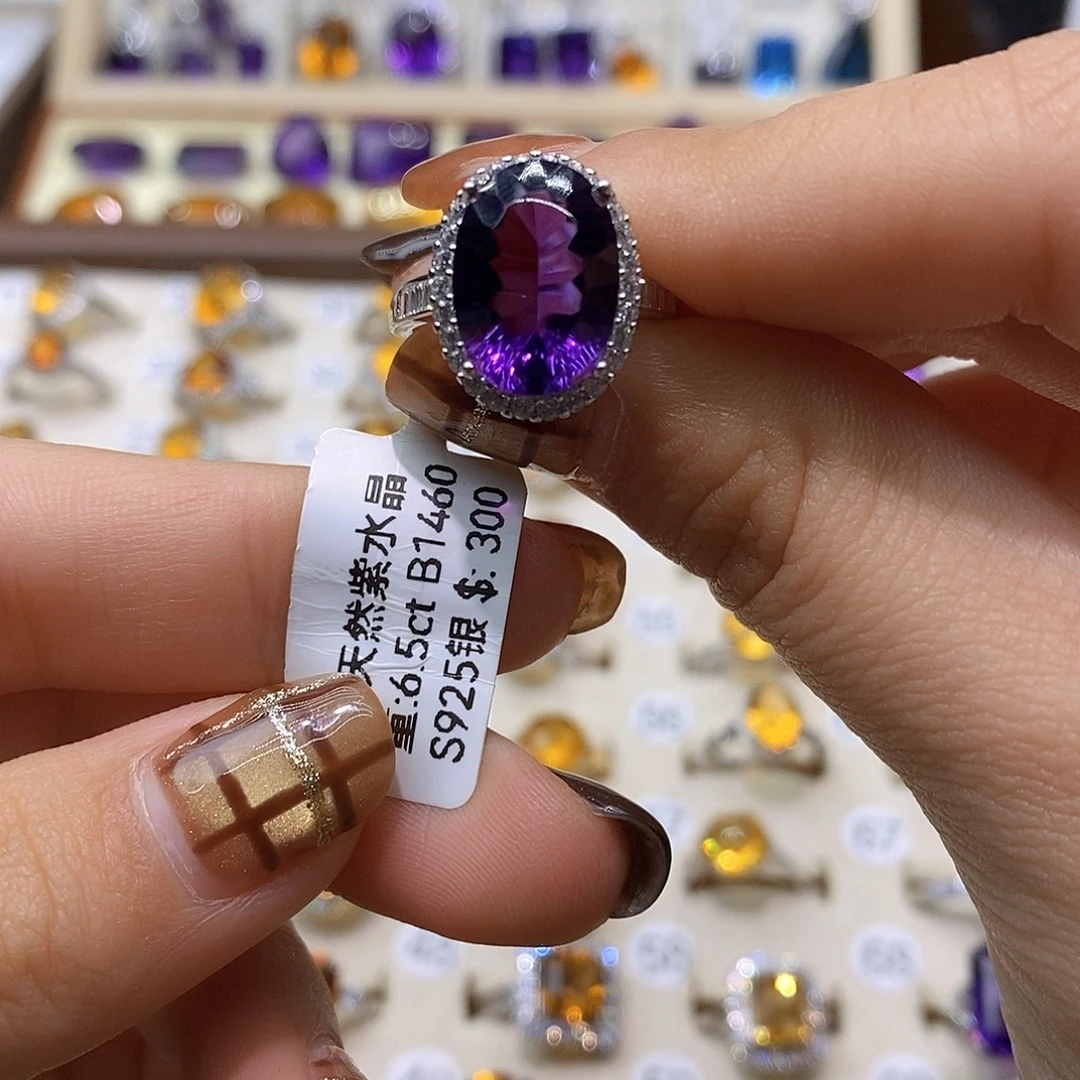 小***学戒指银S925镶嵌水晶纯天然紫水晶戒指J