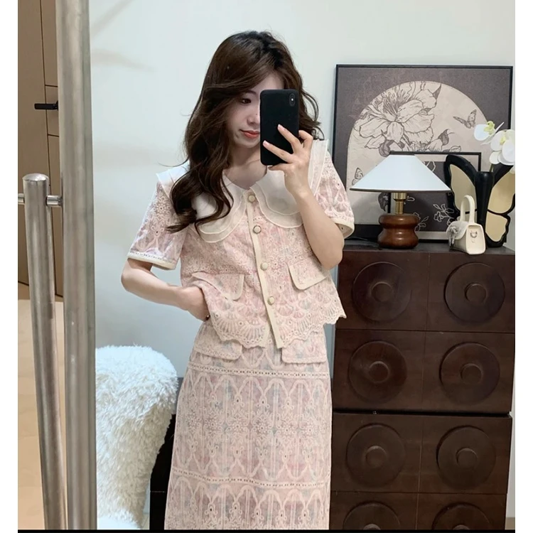 【朵拉】微胖大码春夏季时尚气质小香风上衣+半身裙两件套装