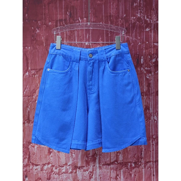 【韩哥女装】2025夏季设计师克莱因蓝阔腿A字牛仔短裤9100