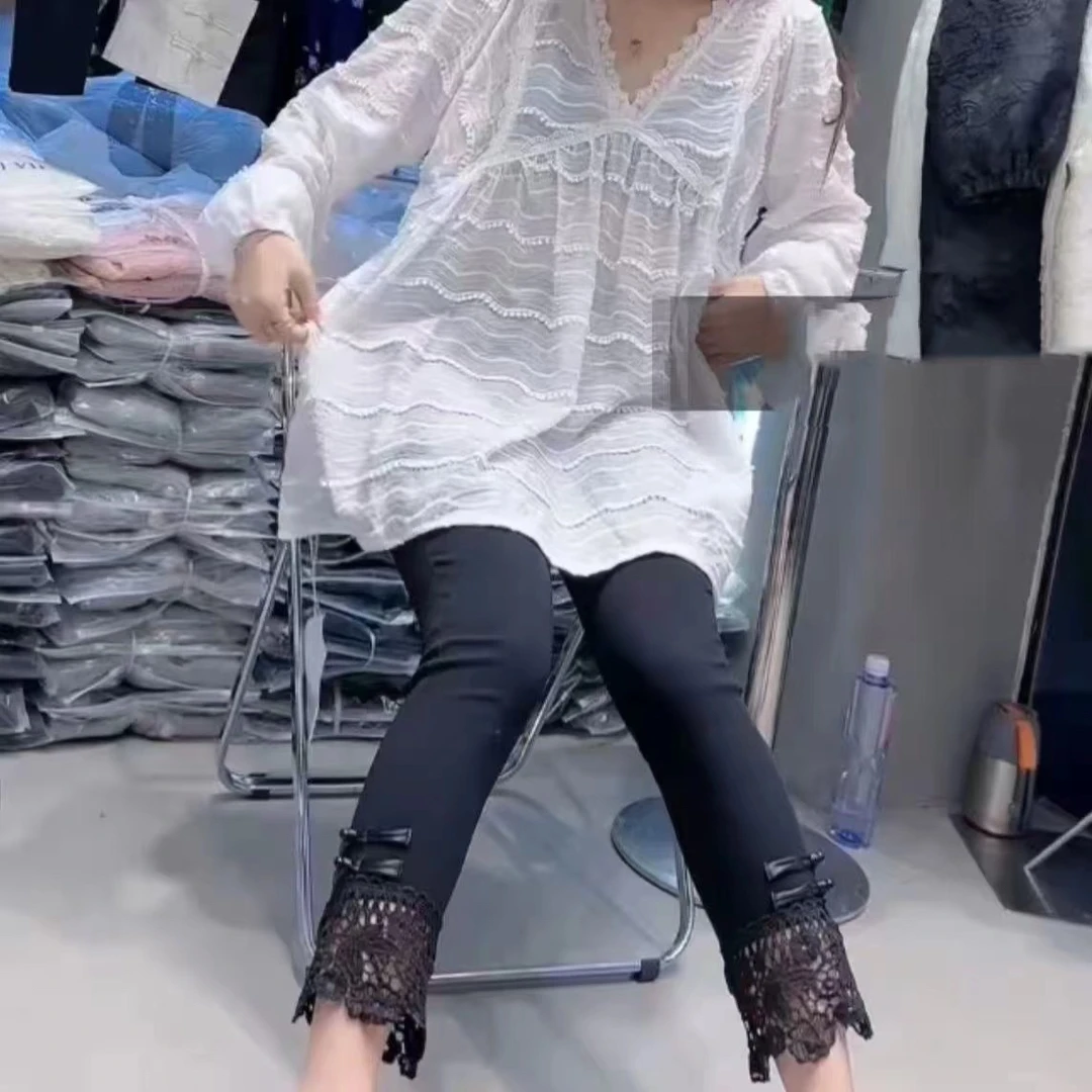 5030-早秋新款盘扣拼接蕾丝高腰9分直筒女裤春夏显瘦洋气通勤百搭