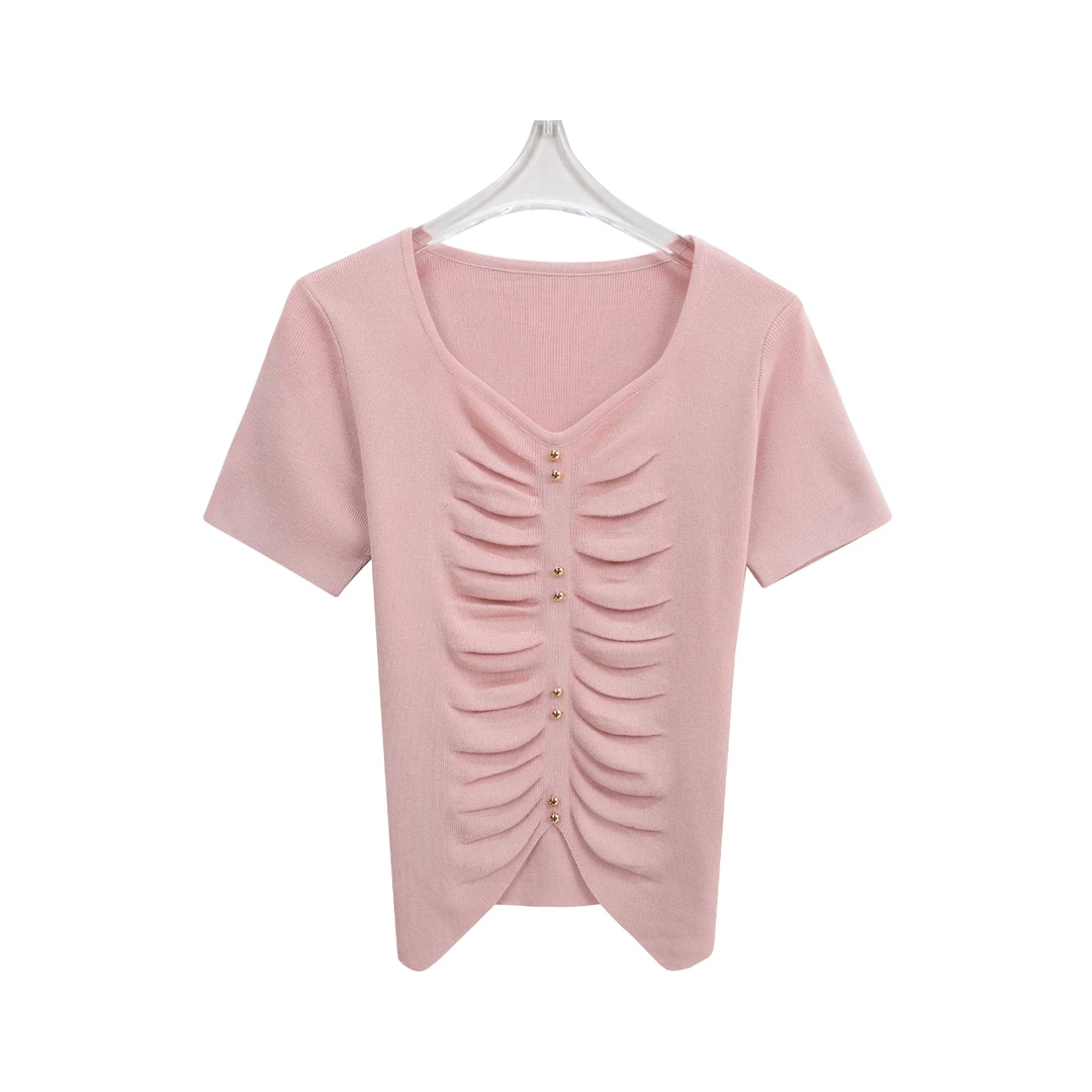 S正肩修身褶皱收腰设计重工装饰短袖T恤C11062