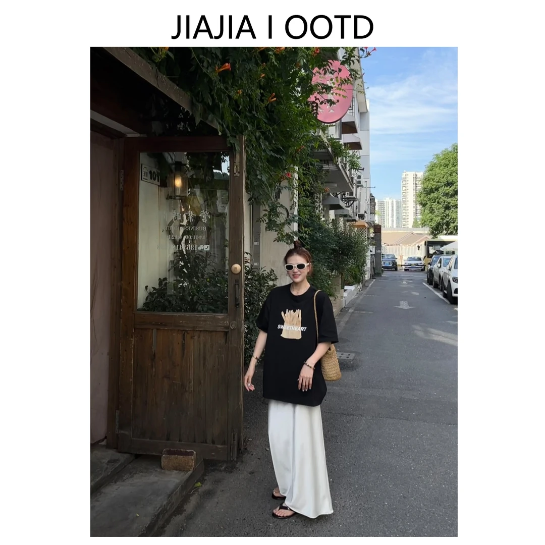 C036美式休闲复薯条印花短袖女t恤+高腰半身裙高级感直筒鱼尾裙