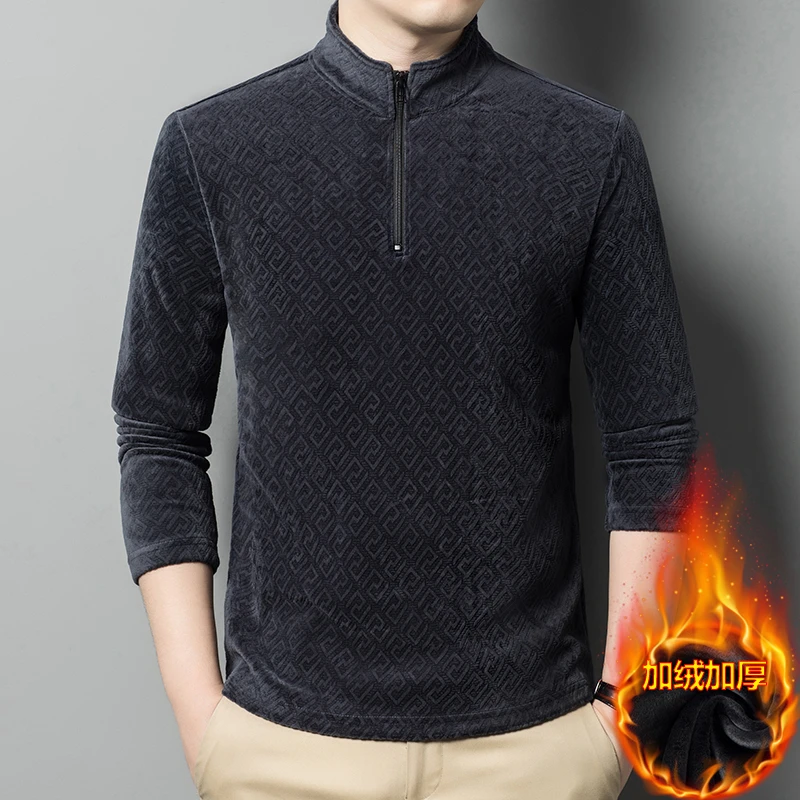 2024年奥利绒男士加绒加厚提花半拉链长袖保暖男士上衣23699
