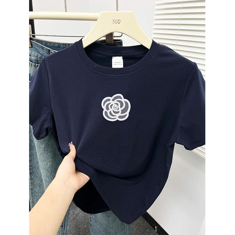 正肩短袖T恤夏季时髦大码女装胖mm圆领花朵印花半袖显瘦上衣潮牌