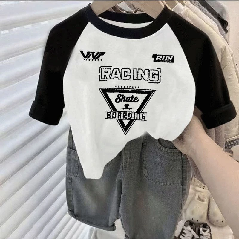 潮流美式纯棉痞帅男童春装2025新款拼接印花T恤长袖宽松童装上衣t