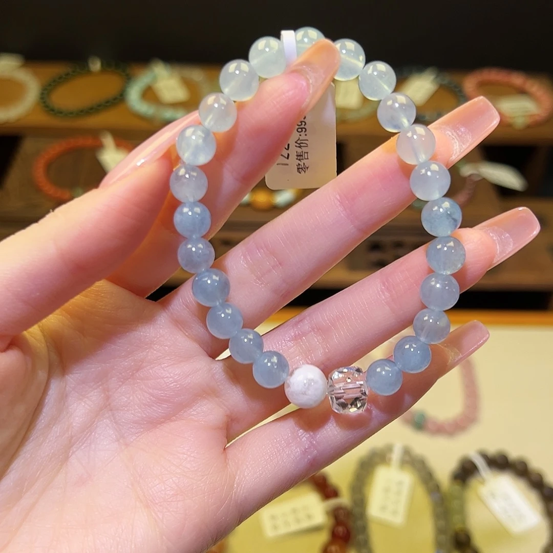 水晶手串银S925镀金镶嵌海蓝宝122