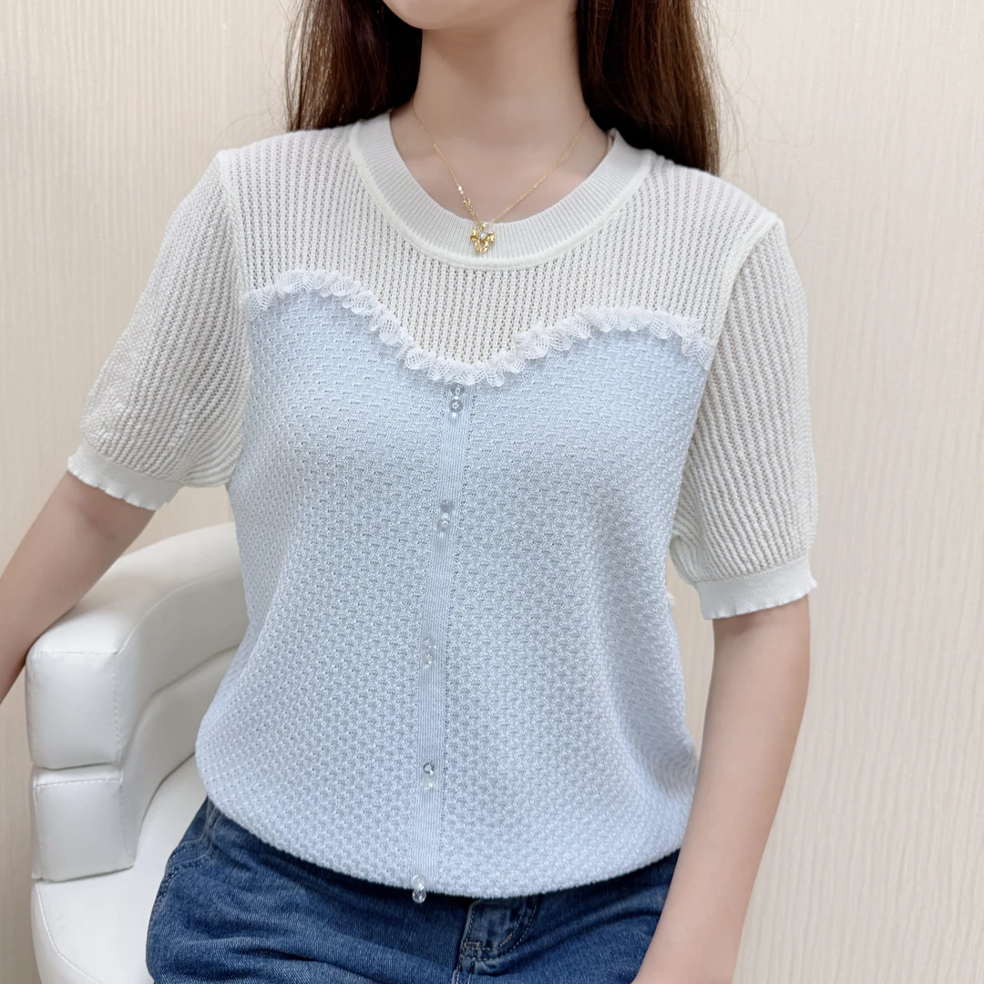 拼接拼色夏季亚麻针织衫不褪色薄款短袖气质女装