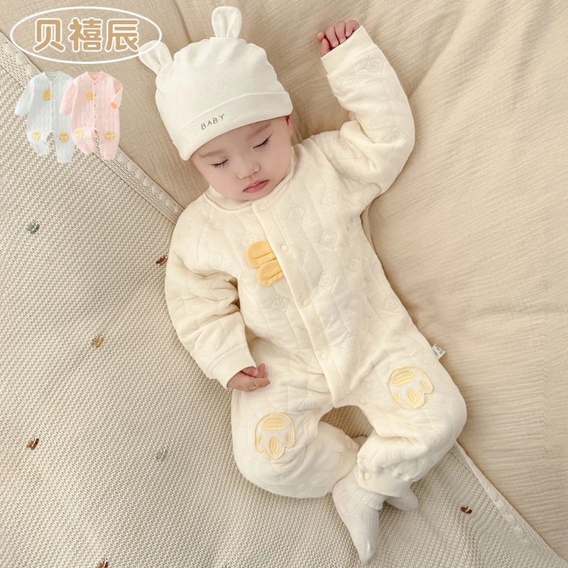 婴儿连体衣夹棉春秋纯棉新生儿保暖内衣秋冬宝宝内穿衣服冬季睡衣
