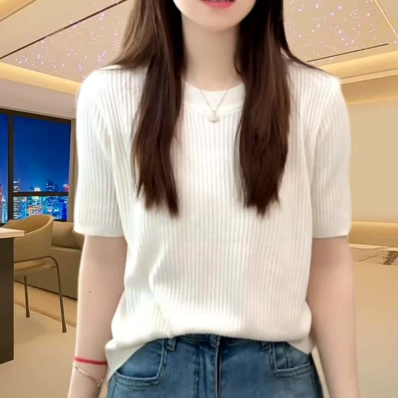 春季宽松圆领短袖针织衫女2025新款时尚洋气休闲百搭纯色大码小衫