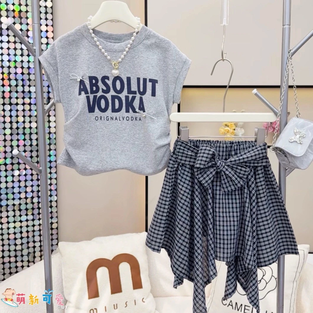 女童夏装字母短袖套装裙2025新款儿童时尚不规则格子半身裙两件套