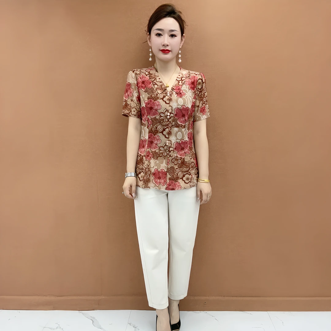 夏季新款时尚百搭大码妈妈装短袖翻领冰丝立领中袖宽松印花小衫